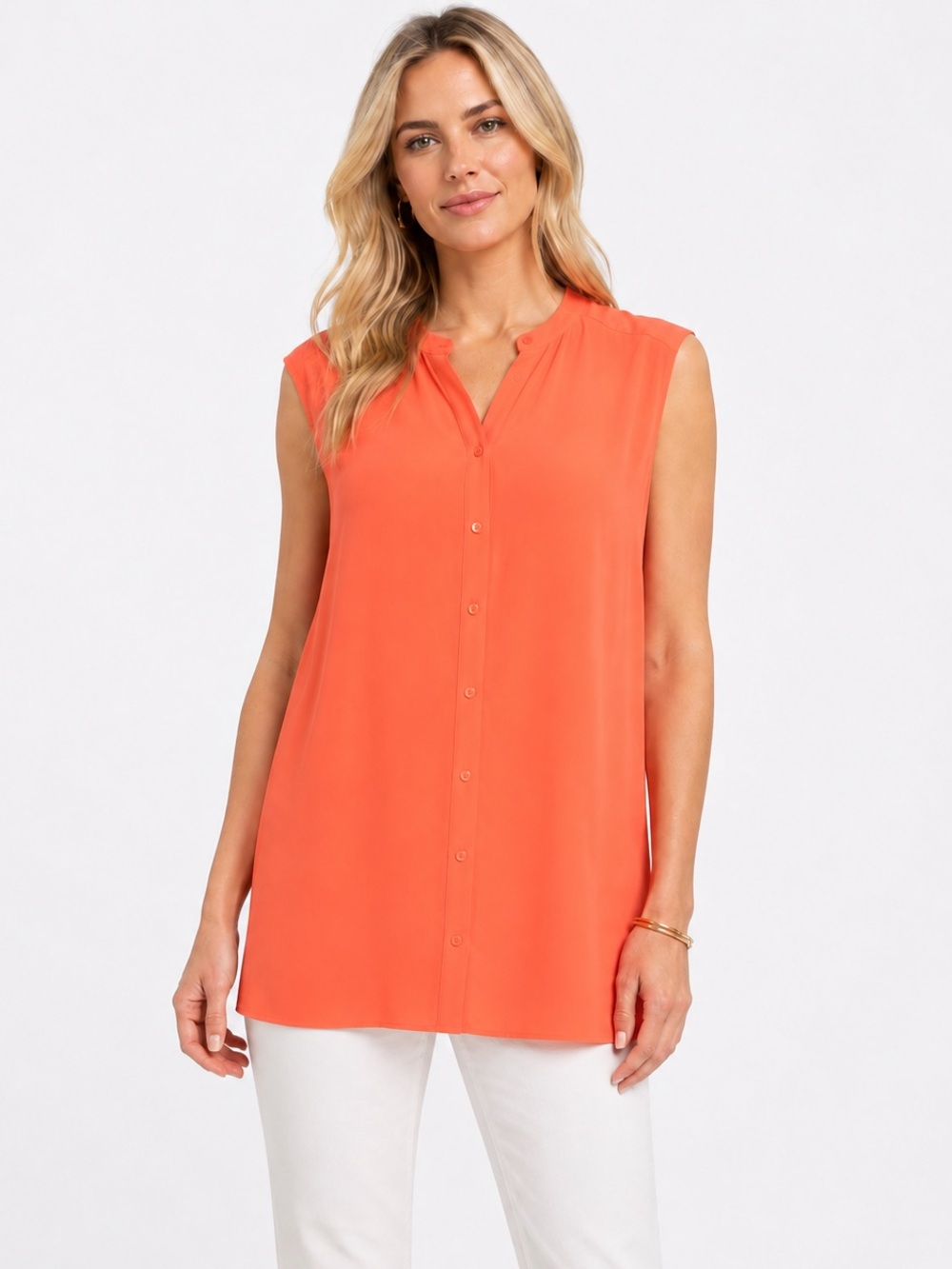Eileen Fisher Silk Georgette Crepe Sleeveless Tunic Coral Orange Coral Size XL